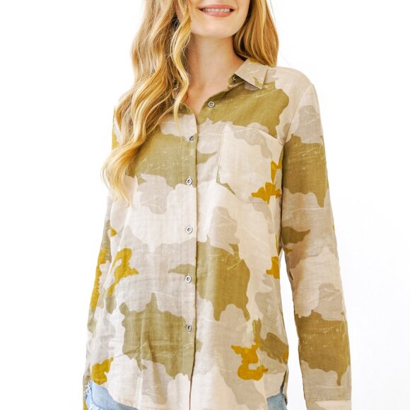 MYSTREE Camo Button Down Shirt, Neutral Olive Beige Lightweight Top, Oversized - Picture 2 of 6